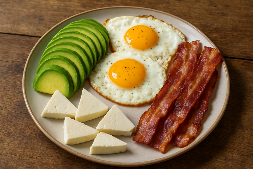 O farfurie cu ouă, avocado, brânză și bacon, stil keto, pe un fundal rustic de lemn, lumină naturală. Mic dejun keto